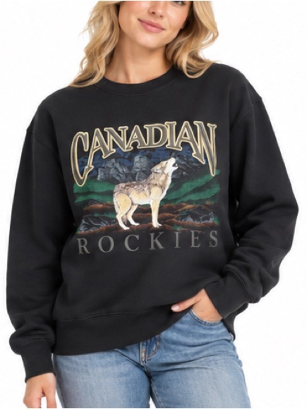 Vintage Gildan Canadian Rockies Wolf Graphic Sweatshirt Black Size Small